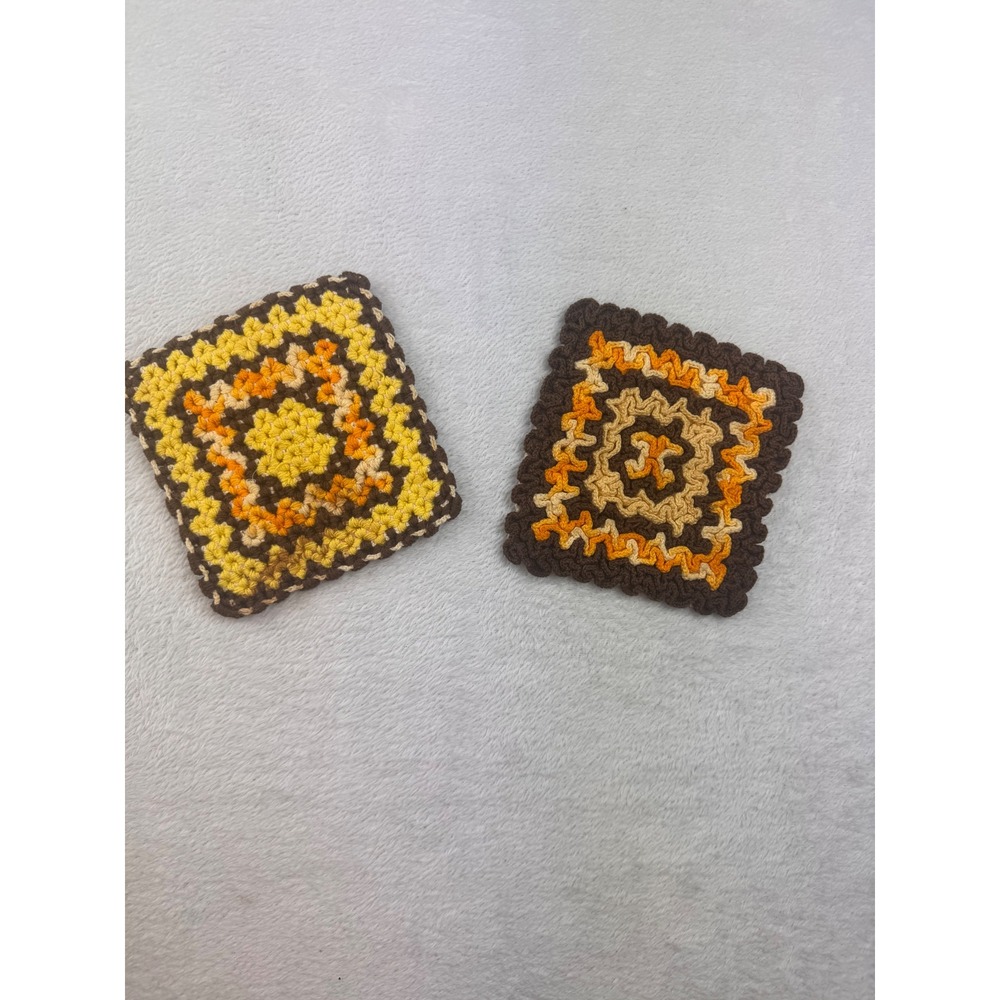 Vintage Handmade Crochet Granny Square Coasters Set of 2 Brown Orange Yellow 70s